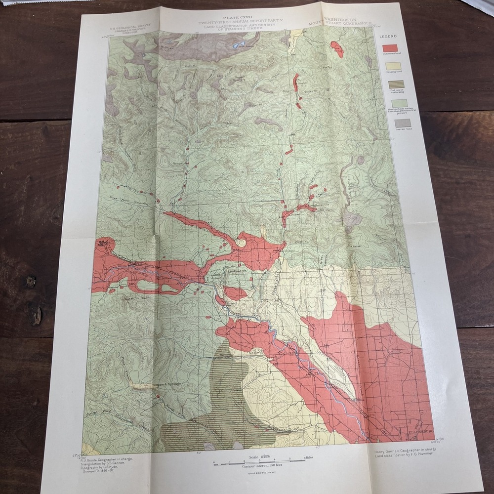 Vintage 1897 USGS Map Mount Stuart Quadrangle Washington Land Classification